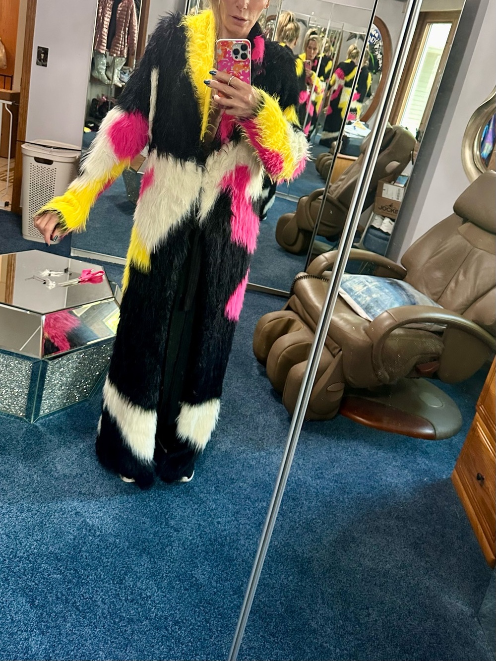 AKIRA Colorblock Faux Fur Long Coat - Black, White, Pink & Yellow